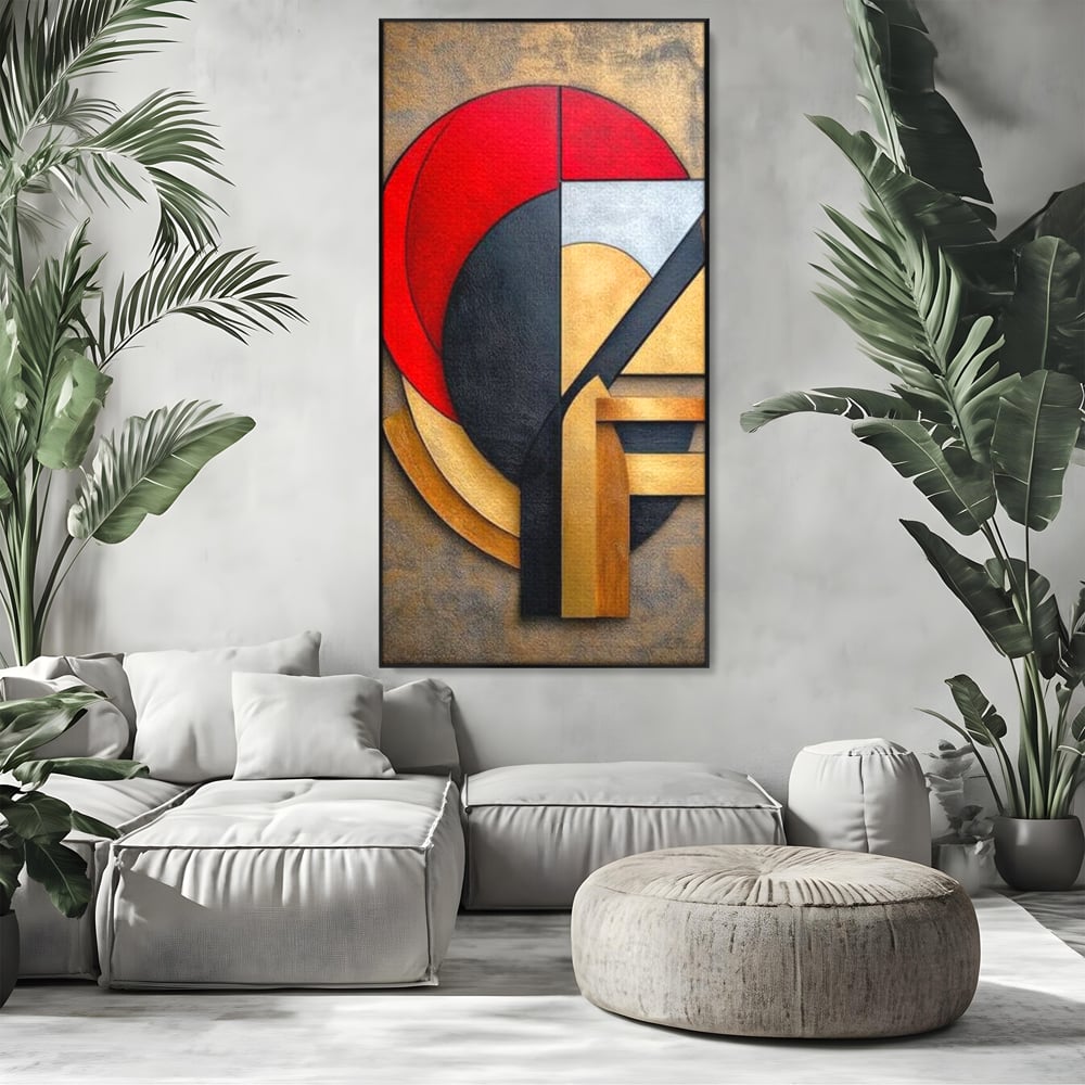 Tablou canvas cu tablou canvas cu chip stilizat geometric, in rama de aluminiu negru, pe perete intr-un living